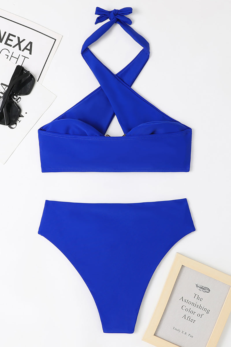 Crossover Cut Out Halter Neck Metal Decor High Waist Bikini Two - Piece Set Swimsuit