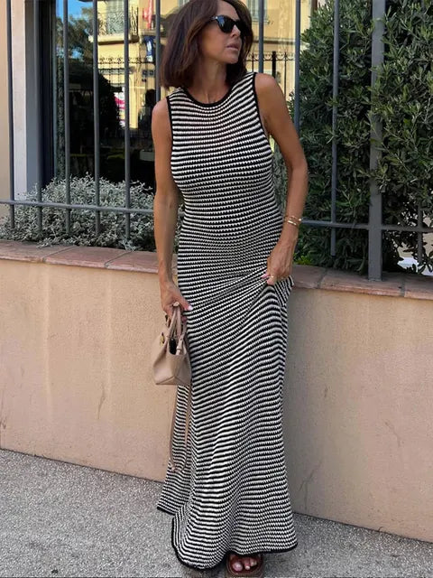 Women Striped Hollow Out Knitted Dress Elegant O Neck Sleeveless Vestidos Female Beach Vacation Robes
