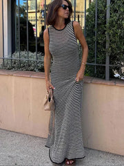 Women Striped Hollow Out Knitted Dress Elegant O Neck Sleeveless Vestidos Female Beach Vacation Robes