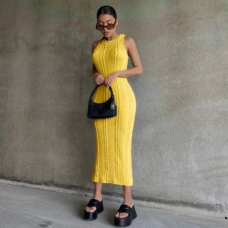 Solid Color Knitted Sleeveless Round Neck Dress Women Outfits Streetwear Clubwear Casual Urban Bodycon Tank Dresses