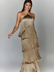 Metallic Color Tassel Halter Long Dress Female Chic Sleeveless Backless Lace Up Slim Vestdios Lady Sexy High Street Robe