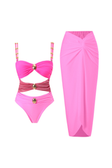 Cutout Colorblock Cami One - Piece Swimsuit Ruched Maxi Skirt 2pcs Set - Yellow