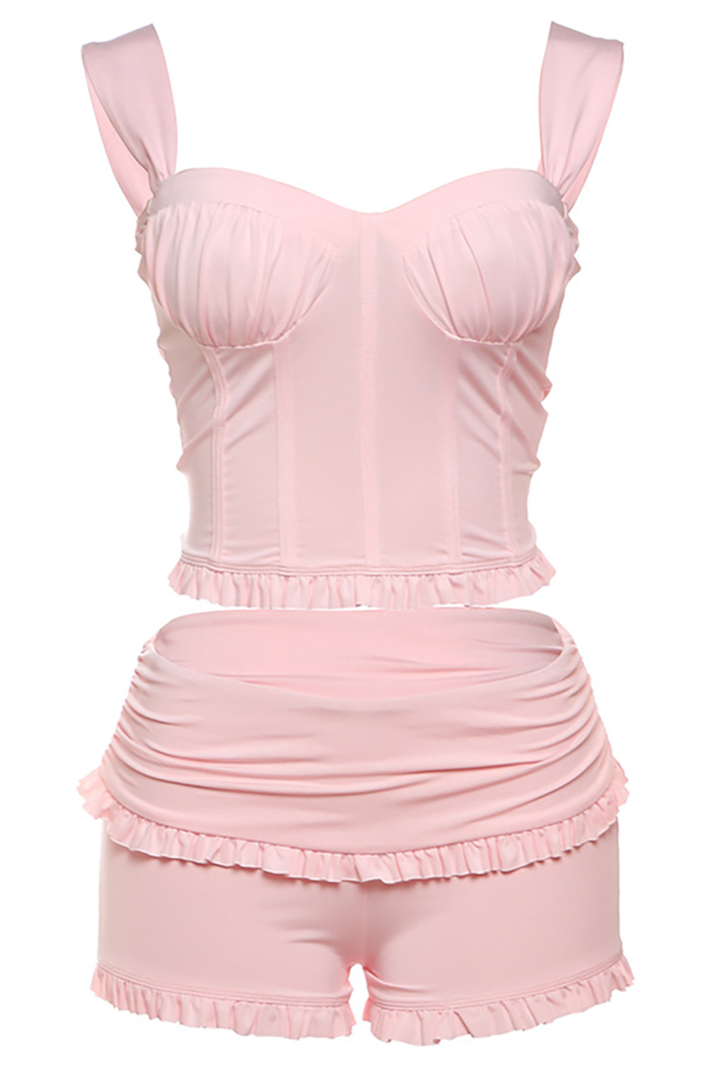 Sweetheart Neckline Crop Cami Frilled Trim Shorts Matching Set - Pink
