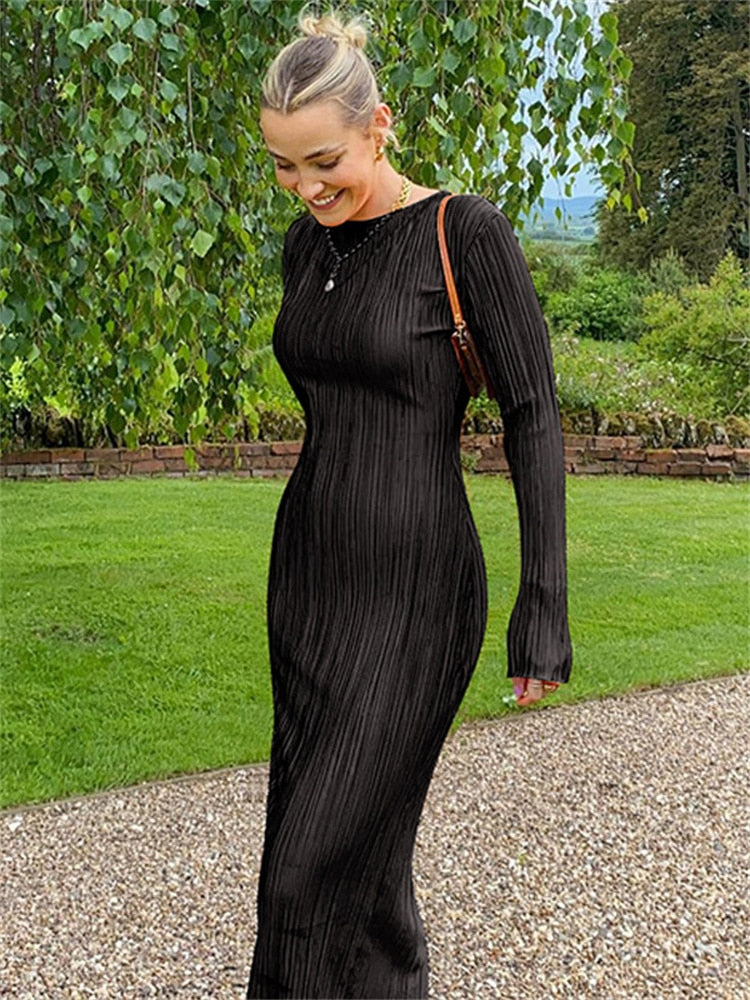 WJFZQM Long Sleeve Bodycon Striped Long Dresses Club Party Elegant Outfit Autumn Ruched Ruffle Sexy Y2K Clothes