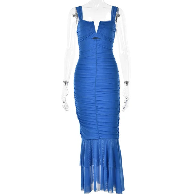 Mozision Hollow Out Backless Ruched Maxi Dress Mesh Elegant Spaghetti Strap Sleeveless Bodycon Party Long Dress