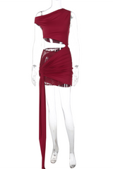 Waist Cutout Slim Fit Ruched Streamer Lace Patchwork Mini Dresses - Burgundy