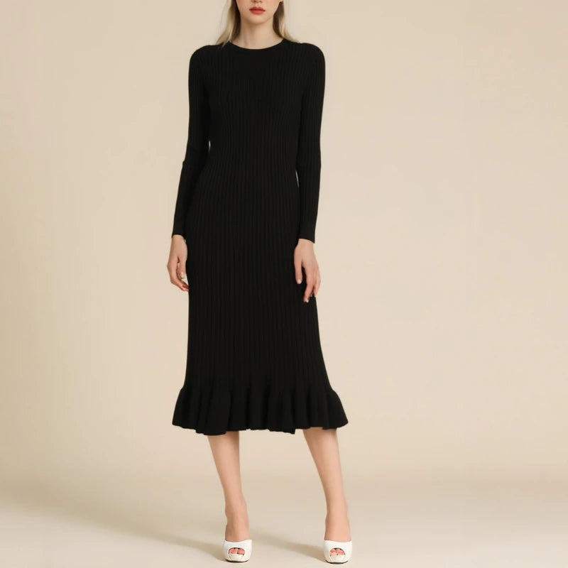 Ribbed-knit Jersey Dress Long Sleeve Ruffle Hem Solid Color Crew Neck Sweater Dress Knitwear Autumn/Winter Woman Clothing