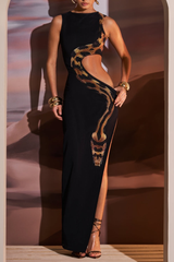 Snake Pattern Cutout Slit Side Slim Fit Maxi Tank Dresses - Black