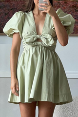 Deep V Neck Puff Sleeve Front Bow A - Line Mini Dresses - Green