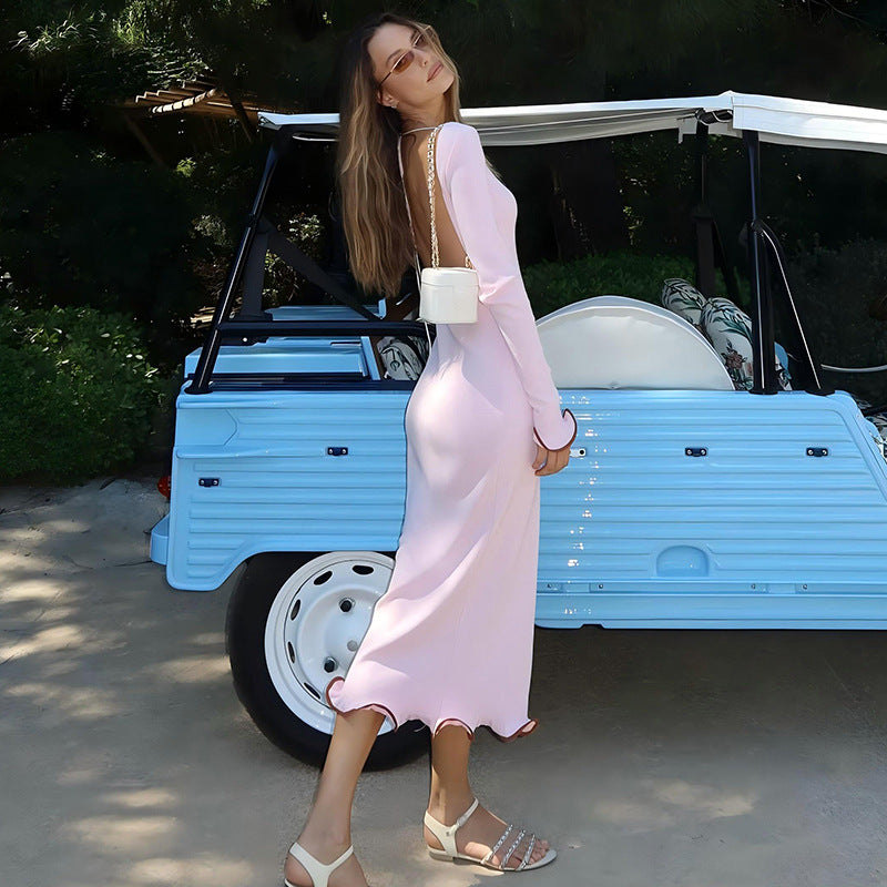 backless flared sleeves with ruffled hem, knitted long skirt, sexy contrasting long dress