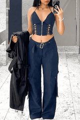 Lace Up Zip Halter Backless Crop Top Pocket Straight Leg Pants 2 Pcs Matching Set - Grey
