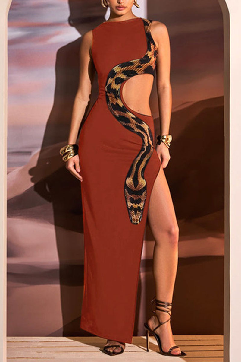 Snake Pattern Cutout Slit Side Slim Fit Maxi Tank Dresses - Black