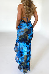 Deep V Neck Halter Ruched Tied Up Sash Asymmetric Ruffle Hem Pattern Print Maxi Dresses