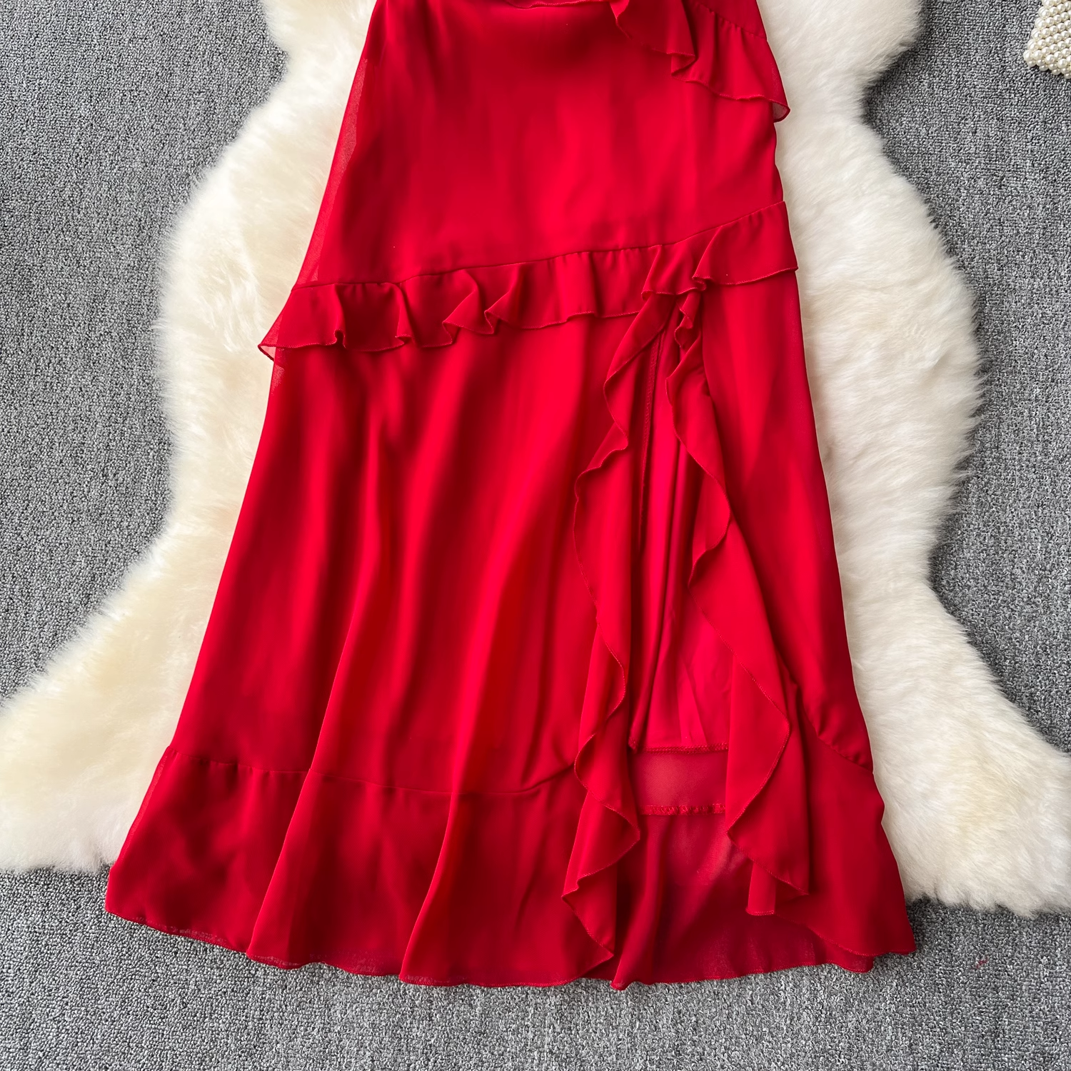 Red dress slit ruffled patchwork holiday skirt
