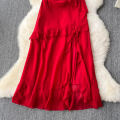Red dress slit ruffled patchwork holiday skirt