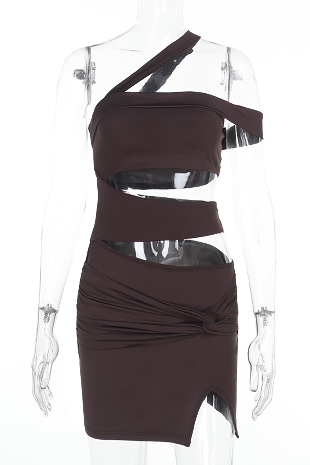 One Shoulder Cutout Ruched Slit Bodycon Asymmetrical Mini Dresses - Brown