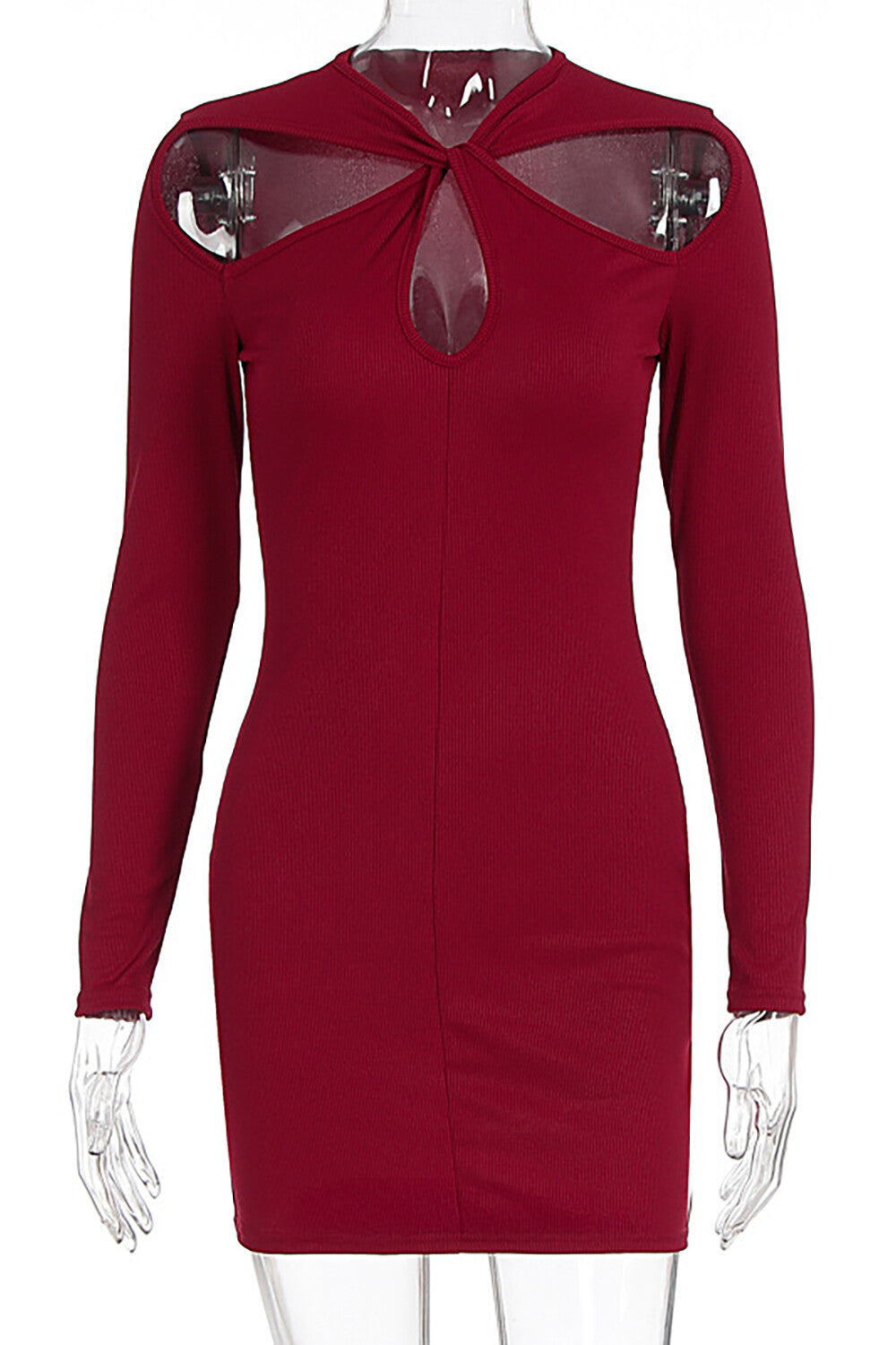 Cutout Long Sleeve Solid Color Bodycon Mini Dresses - Burgundy