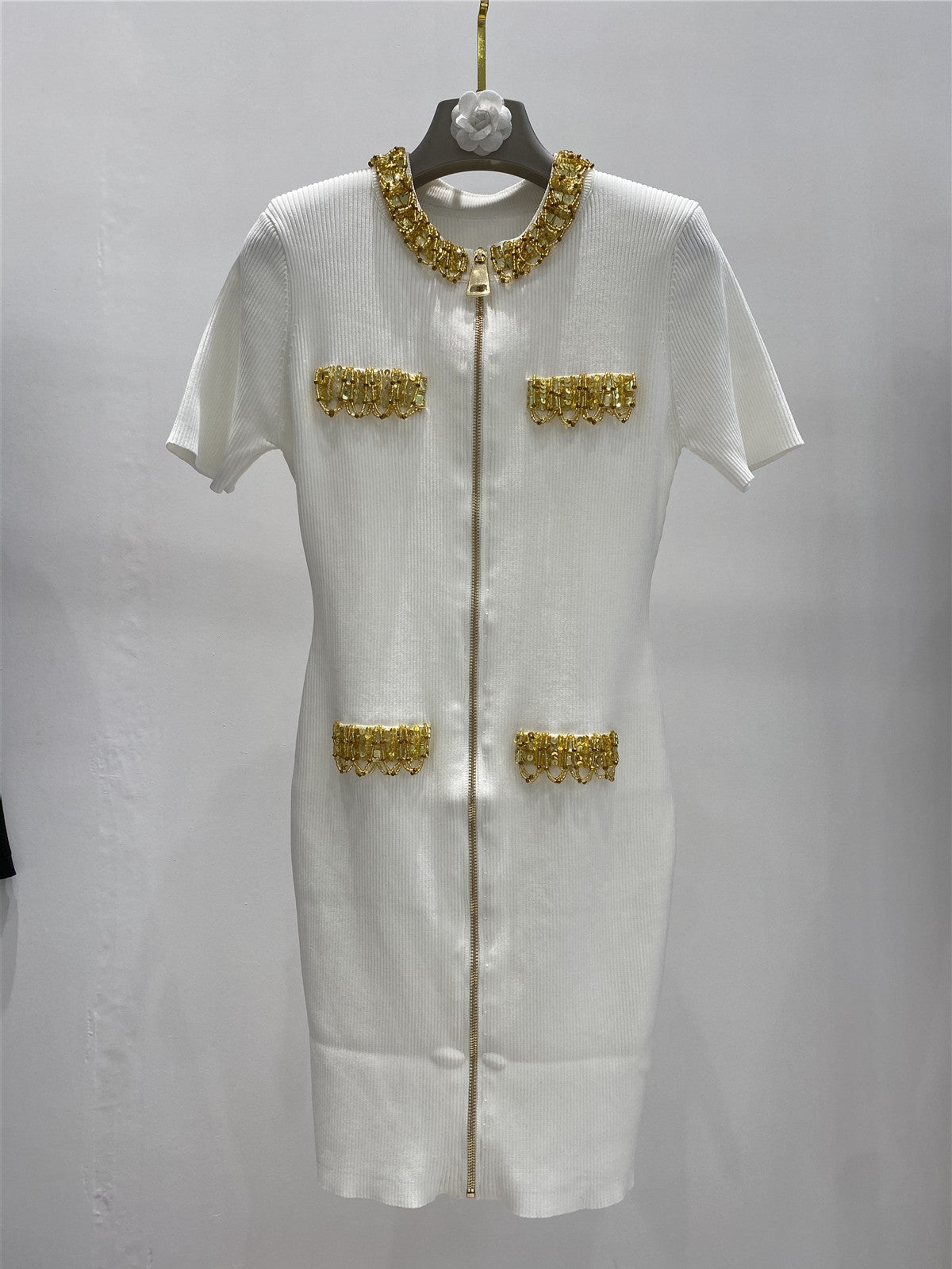 Golden nail bead sequin chain short sleeved dress with slim fit and goddess style
