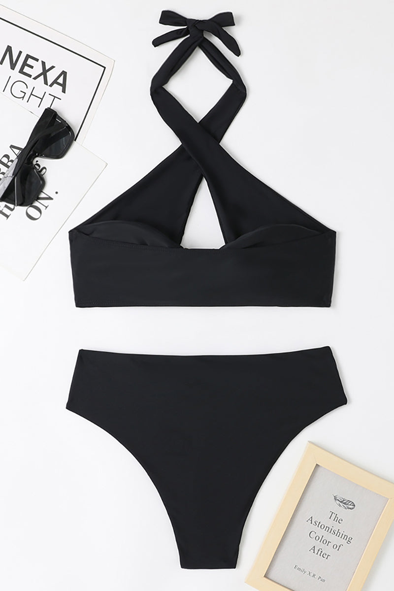 Crossover Cut Out Halter Neck Metal Decor High Waist Bikini Two - Piece Set Swimsuit