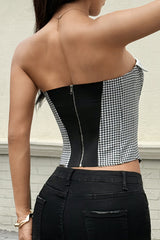 Strapless Fold - Over Design Houndstooth Pattern Irregular Corset - White