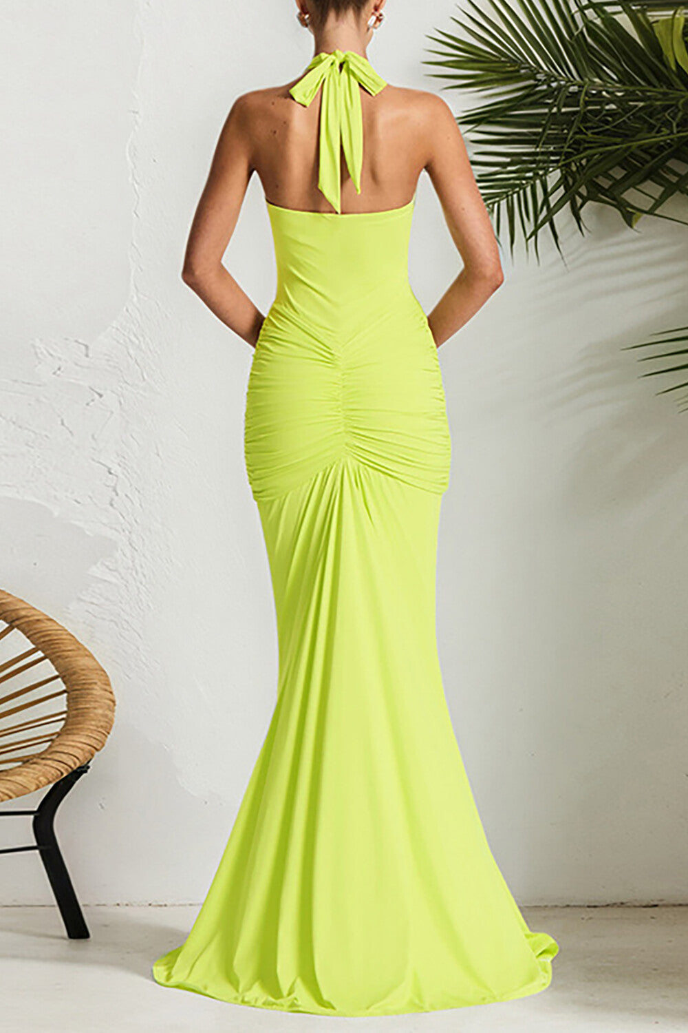 Deep V Neck Ruched Bodycon Solid Color Halter Maxi Dresses - Green