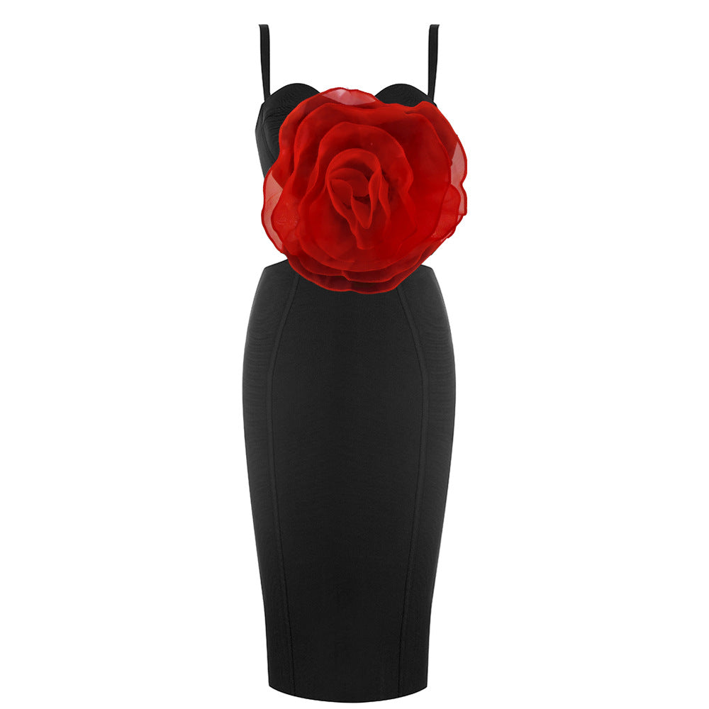 Ladies Splicing 3D Large Flowers Spaghetti Strap Backless Design Club Party Sleeveless Sexy Midi Bandage Dress