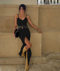 Europe and the United States style single-breasted V-neck sexy halter front slit Slim dresses