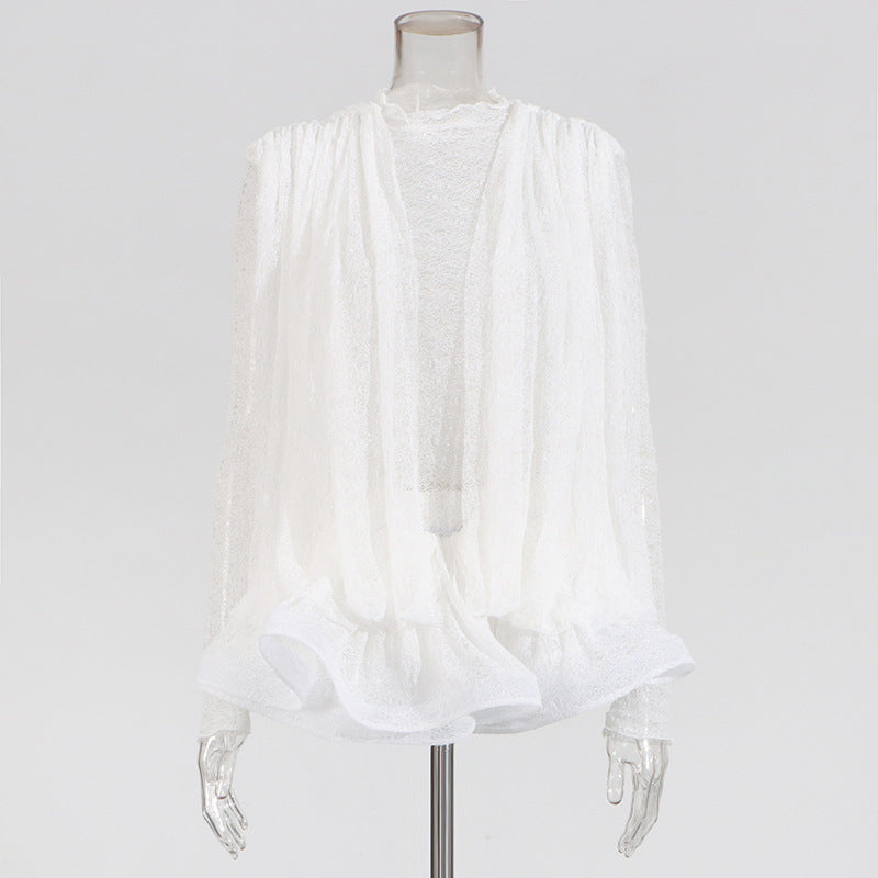 French lady style long sleeve short dress transparent mesh sexy ruffle short skirt