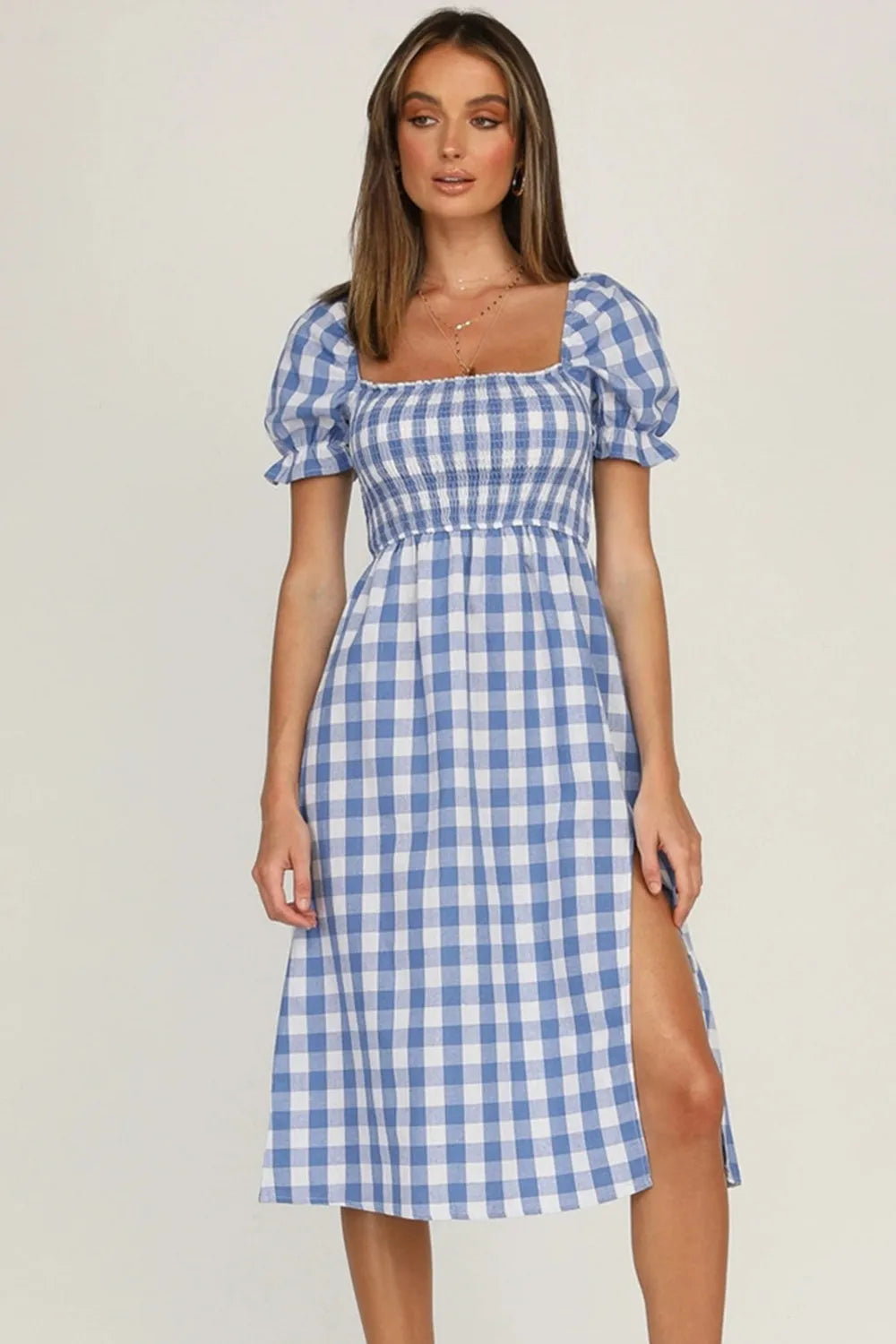 Slit Plaid Short Sleeve Midi Dress