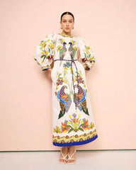 Elegant Birds Flower Printed Belts Dress Women Long Lantern Sleeve O-neck Colorful Holiday Vestidos