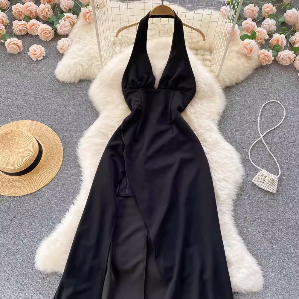 Black V-neck slit open back halter neck dress