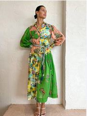 Print Women Dress With Belts Long Lantern Sleeve Single Breasted A-line Dresses Holiday Female Vestidos