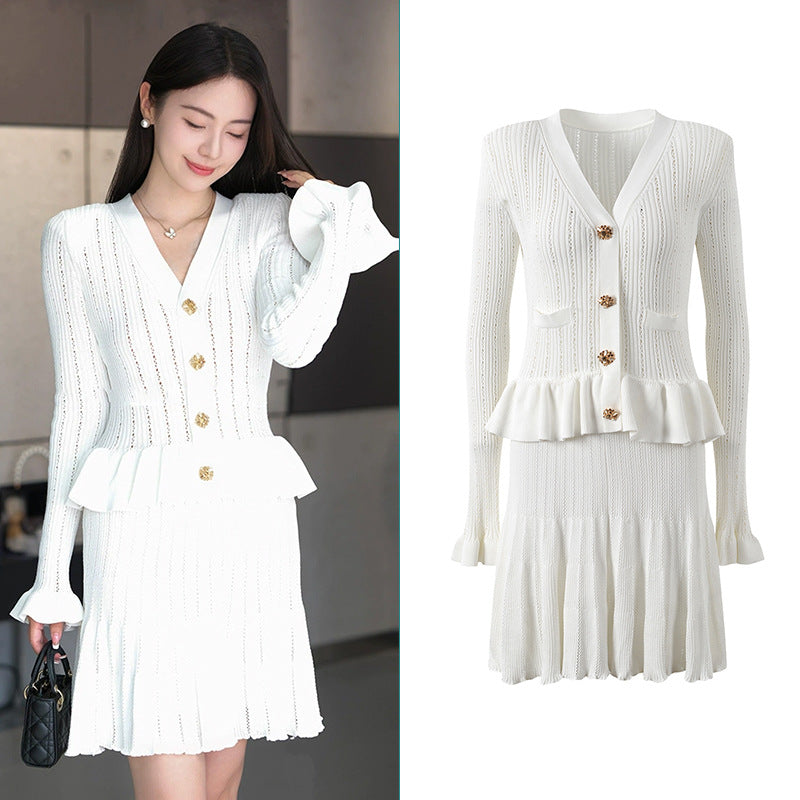 French socialite design with ruffle edge patchwork long sleeved dress slim fit and slimming short skirt