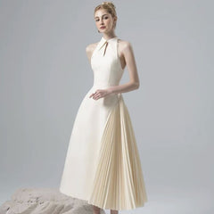 Solid Hollow Out Patchwork Folds Elegant Dresses Lapel Sleeveless High Waist Spliced Zipper Dress Female Fashion