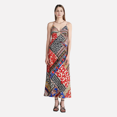European and American style patchwork printed pullover sleeveless suspender MIDI dress
