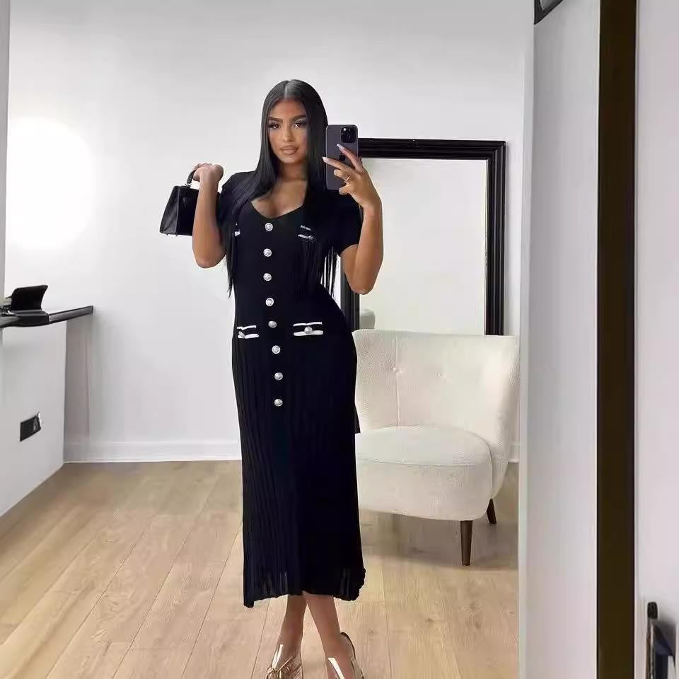 European and American sexy slim fit dress short sleeved V-neck slit dress