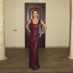 PU Leather Party Dress Women Night Sleeveless Split Long Dresses Fall Winter Clothes