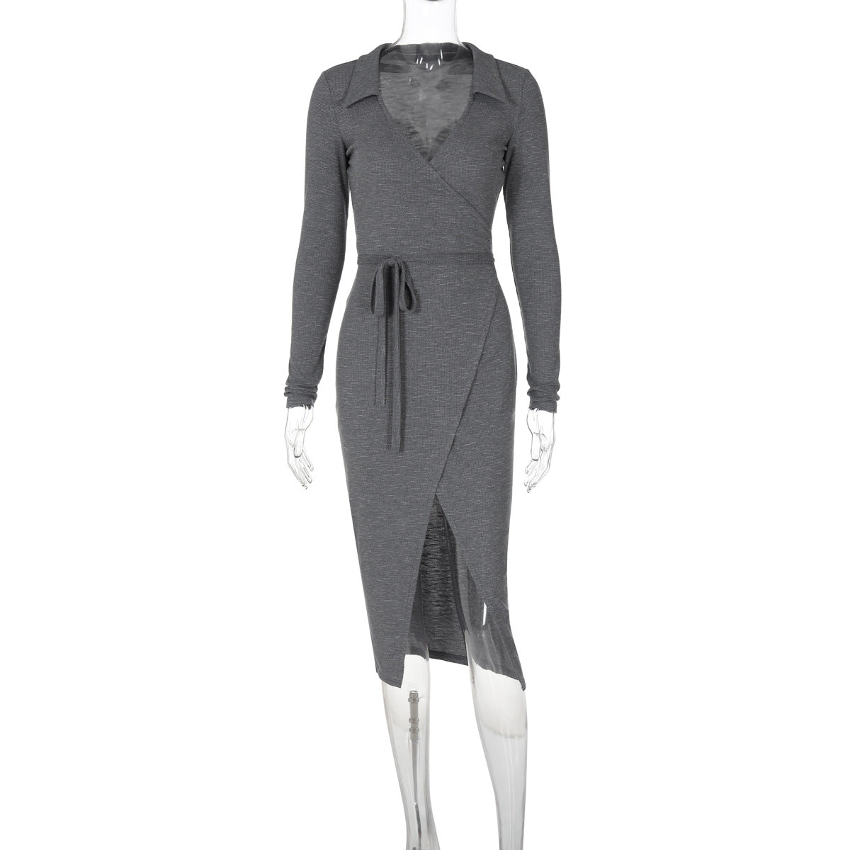 Long Sleeve Dress Sexy Bag Hip Tie Rope Waist Split Long Dress