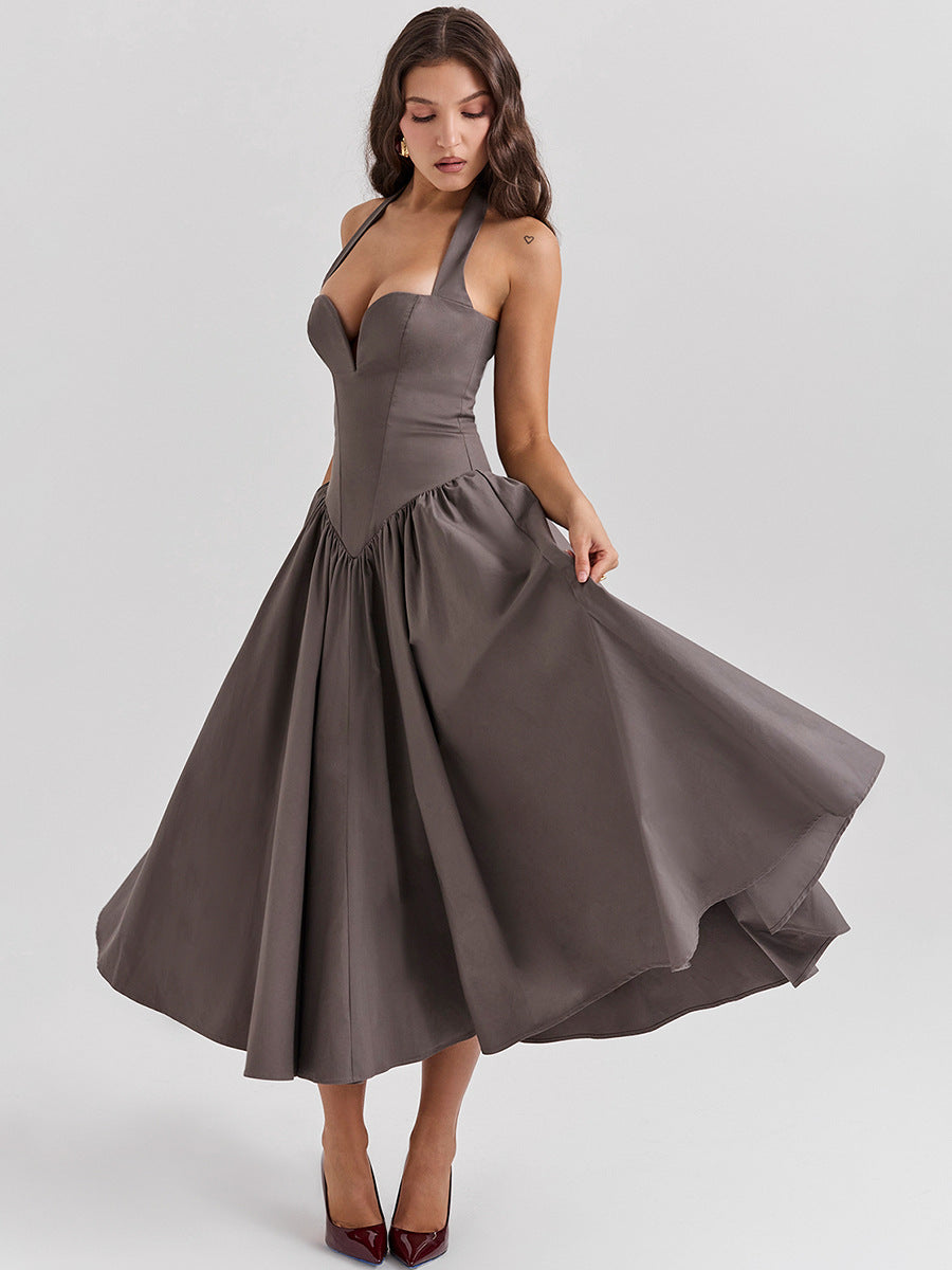 European and American women's clothing in spring, high-end and sexy, deep V-neck hanging, backless, red mid length skirt, spring women's dress, women's dress