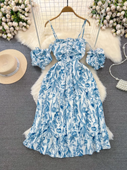 Beach dress seaside vacation a-line floral suspender dress