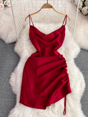 V-neck pleated suspender skirt irregular a-line dress