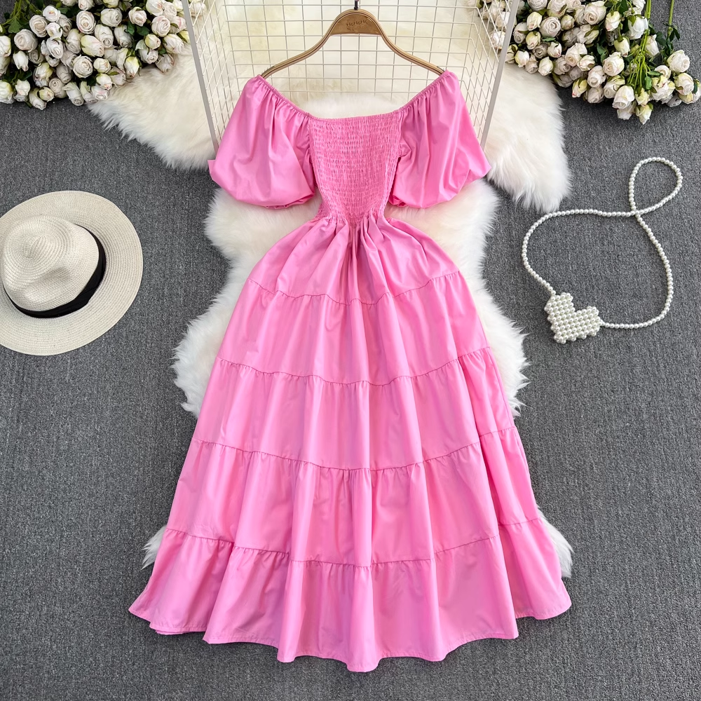 Bubble Short Sleeve Square Neck A-Line Dress Seaside Holiday Swing Long Dress