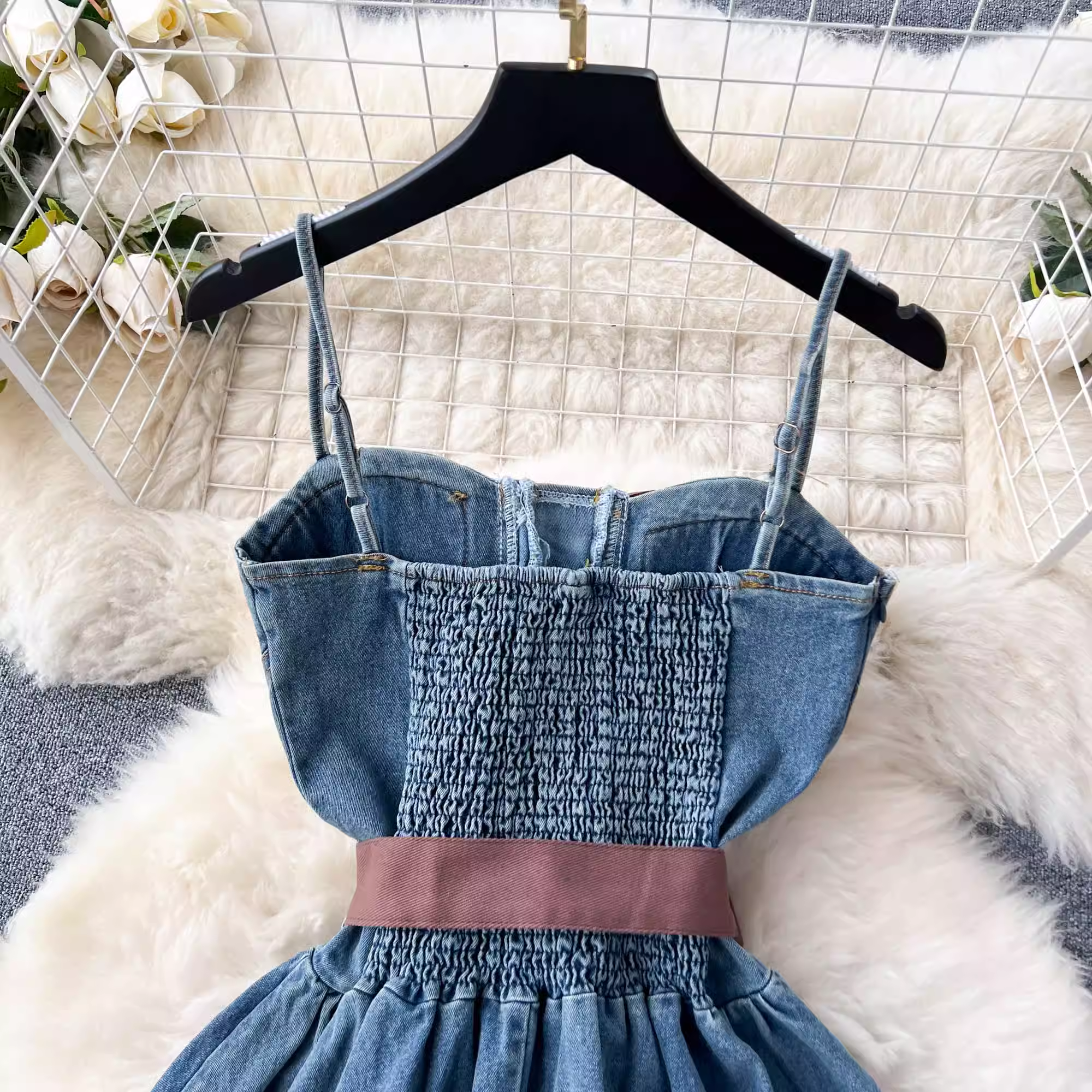 Retro Temperament Bandage Design Denim Dress