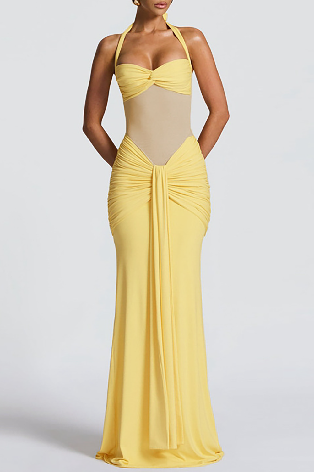Sheer Mesh Patchwork Ruched Bodycon Sash Halter Maxi Dresses - Yellow
