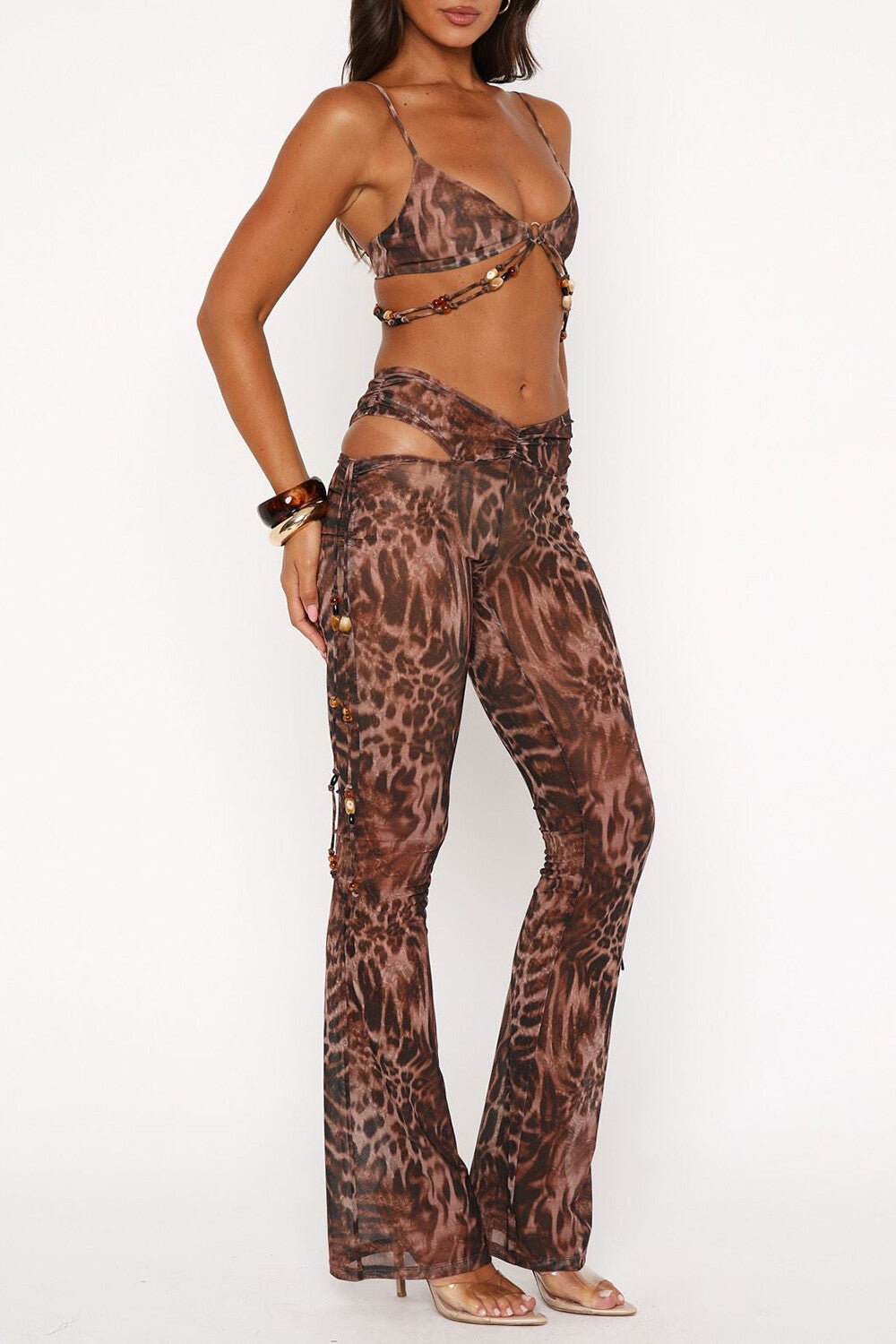 Leopard Print Beady Crop Cami Cutout Slim Fit Pants 2pcs Set - Brown
