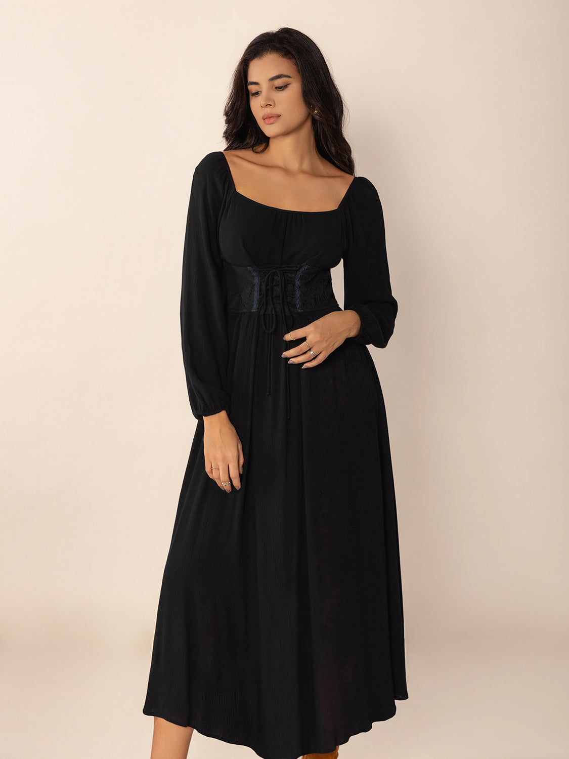 Lace-Up Square Neck Long Sleeve Midi Dress