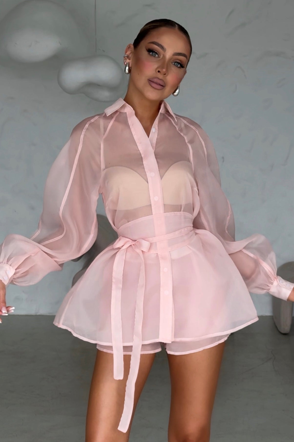 Lantern Sleeve See Through Tie Up Blouse Shorts Matching Set - Blue