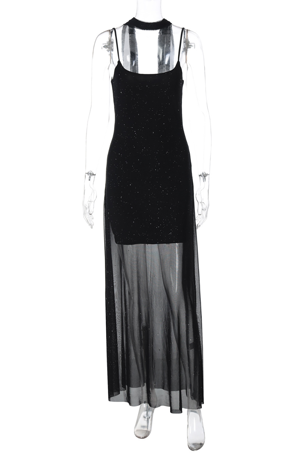 Shimmering Bodycon See Through Mesh Patchwork Hem Slip Maxi Dresses - Black