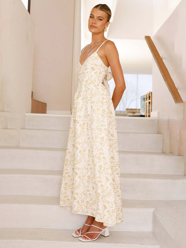 V-neck waist holiday long dress sexy backless bow tie dress