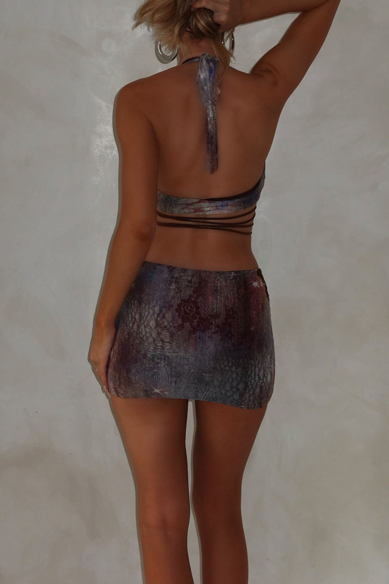 Starry Sky Pattern Halter Crop Top Mini Skirt 2pcs Set - Purple